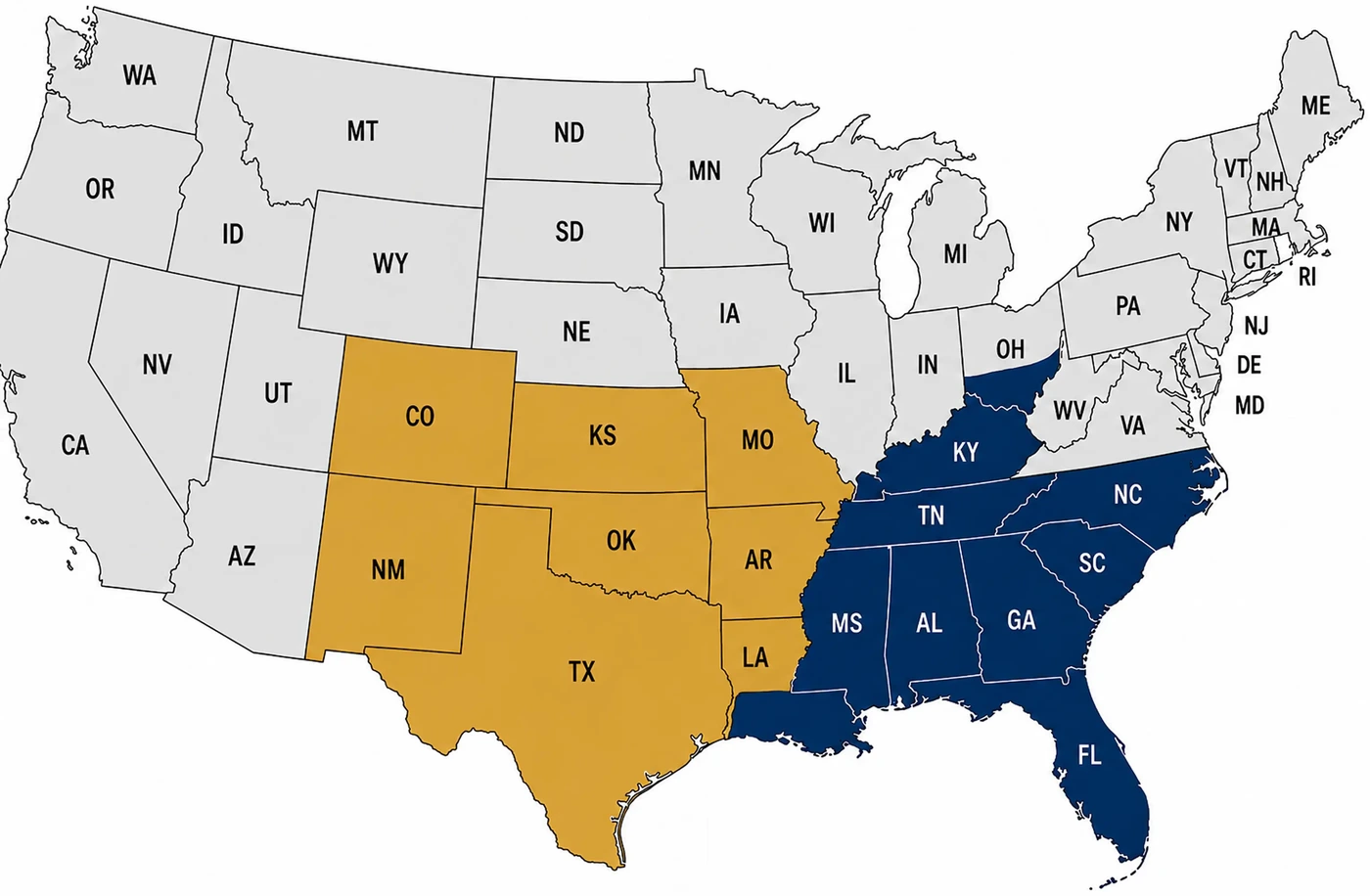 Map of the United States. The Southwest territory covers Texas, Oklahoma, New Mexico, Colorado, Kansas, Missouri, Arkansas and north-west Louisiana. The Southeast territory covers Kentucky, Tennessee, North Carolina, South Carolina, Georgia, Alabama, Mississippi, Florida and southern Louisiana.
