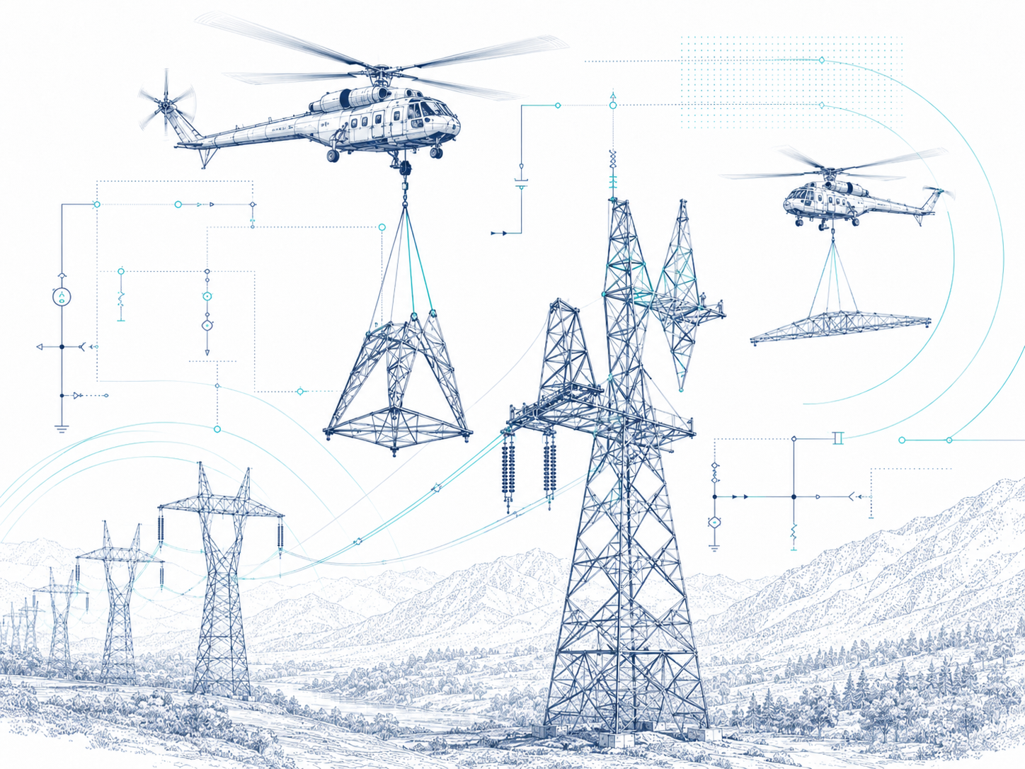 Helicopter-supported lattice tower set